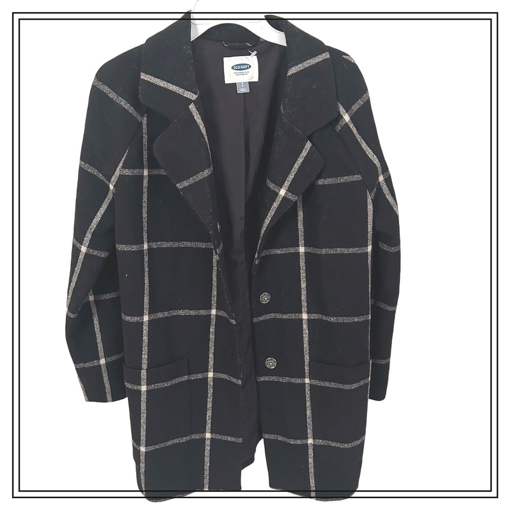 Old Navy Women's Black Plaid Wool Blend Blazer Jacket Peacoat Career‎ Sz. Small
